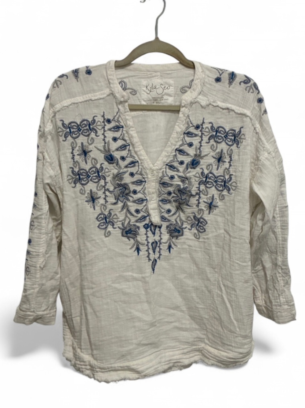 Kyla Seo White Boho Embroidered V-Neck Long Sleeve Top